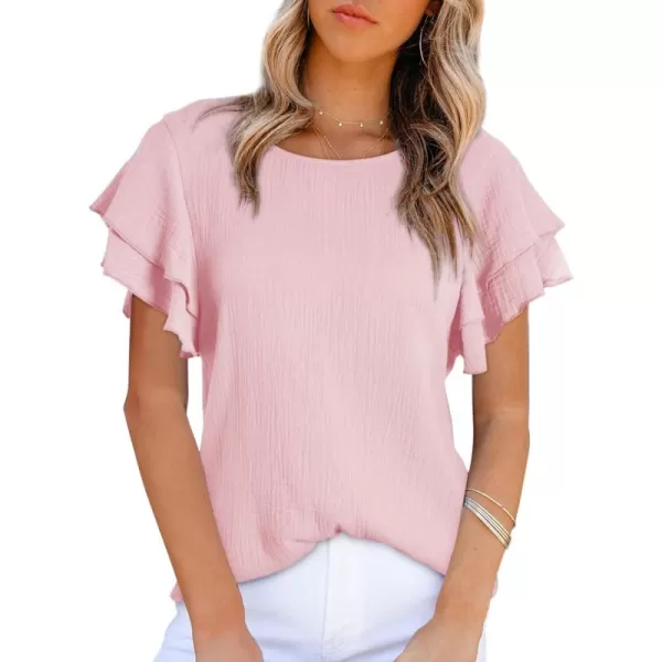Dokotoo Womens Tops Ruffle Short Sleeve Crewneck Shirts Solid Casual Loose Babydoll Blouses