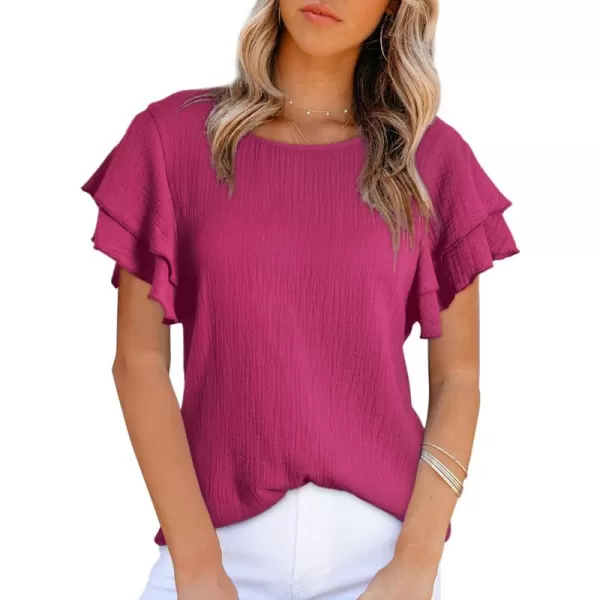 Dokotoo Womens Tops Ruffle Short Sleeve Crewneck Shirts Solid Casual Loose Babydoll Blouses