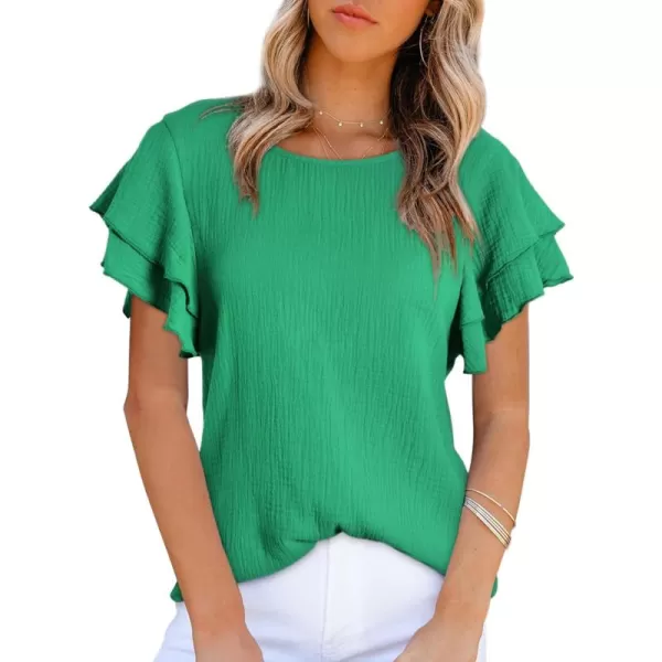 Dokotoo Womens Tops Ruffle Short Sleeve Crewneck Shirts Solid Casual Loose Babydoll Blouses