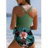 imageDokotoo Womens 2 Piece Swimsuit Scoop Neck Sleeveless 2025 Racerback Top Tummy Control Tie Knot Bathing Suits Floral BottomsCross Strapsgreen