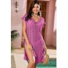 imageDokotoo Womens Crochet Cover Up Swimwear Beachwear Scoop Neck Short Sleeve Mini Dress Beach Dress Crochet Coverups for WomenRose Red