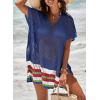 imageDokotoo Womens Swimwear Beach Bikini Swimsuit Color Block Coverups Crochet Striped Side Split Mini DressSail Blue