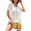 imageDokotoo Womens Swimwear Beach Bikini Swimsuit Color Block Coverups Crochet Striped Side Split Mini DressWhite