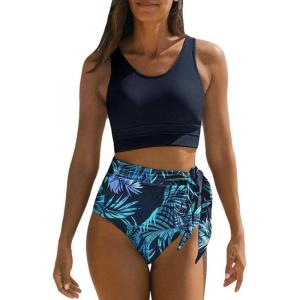 imageDokotoo Womens 2 Piece Swimsuit Scoop Neck Sleeveless 2025 Racerback Top Tummy Control Tie Knot Bathing Suits Floral BottomsBlue