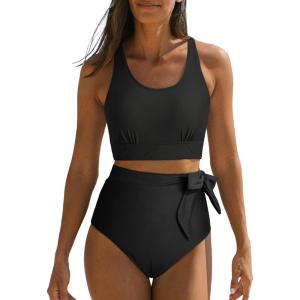 imageDokotoo Womens 2 Piece Swimsuit Scoop Neck Sleeveless 2025 Racerback Top Tummy Control Tie Knot Bathing Suits Floral BottomsCross Strapsblack