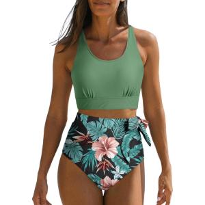 imageDokotoo Womens 2 Piece Swimsuit Scoop Neck Sleeveless 2025 Racerback Top Tummy Control Tie Knot Bathing Suits Floral BottomsCross Strapsgreen