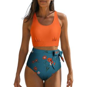 imageDokotoo Womens 2 Piece Swimsuit Scoop Neck Sleeveless 2025 Racerback Top Tummy Control Tie Knot Bathing Suits Floral BottomsCross Strapsorange 1