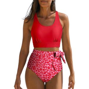imageDokotoo Womens 2 Piece Swimsuit Scoop Neck Sleeveless 2025 Racerback Top Tummy Control Tie Knot Bathing Suits Floral BottomsCross Strapsred