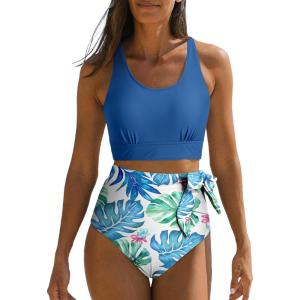 imageDokotoo Womens 2 Piece Swimsuit Scoop Neck Sleeveless 2025 Racerback Top Tummy Control Tie Knot Bathing Suits Floral BottomsCross Strapssky Blue