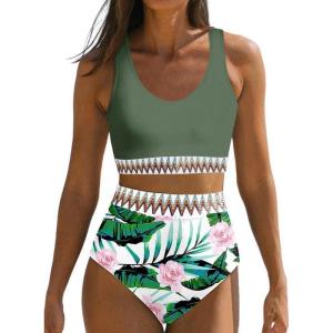 imageDokotoo Womens 2 Piece Swimsuit Scoop Neck Sleeveless 2025 Racerback Top Tummy Control Tie Knot Bathing Suits Floral BottomsFloral Green