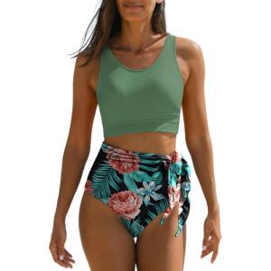 imageDokotoo Womens 2 Piece Swimsuit Scoop Neck Sleeveless 2025 Racerback Top Tummy Control Tie Knot Bathing Suits Floral BottomsGreen