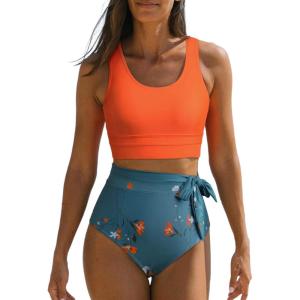 imageDokotoo Womens 2 Piece Swimsuit Scoop Neck Sleeveless 2025 Racerback Top Tummy Control Tie Knot Bathing Suits Floral BottomsOrange Floral