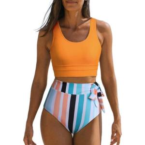 imageDokotoo Womens 2 Piece Swimsuit Scoop Neck Sleeveless 2025 Racerback Top Tummy Control Tie Knot Bathing Suits Floral BottomsOrange Striped