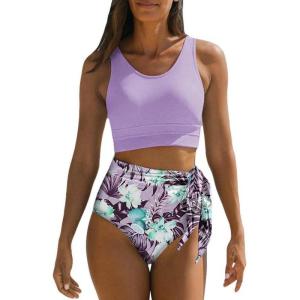 imageDokotoo Womens 2 Piece Swimsuit Scoop Neck Sleeveless 2025 Racerback Top Tummy Control Tie Knot Bathing Suits Floral BottomsPurple