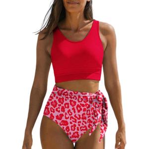 imageDokotoo Womens 2 Piece Swimsuit Scoop Neck Sleeveless 2025 Racerback Top Tummy Control Tie Knot Bathing Suits Floral BottomsRed