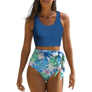 imageDokotoo Womens 2 Piece Swimsuit Scoop Neck Sleeveless 2025 Racerback Top Tummy Control Tie Knot Bathing Suits Floral BottomsSky Blue