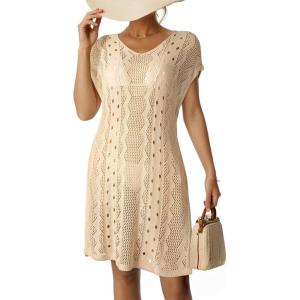 imageDokotoo Womens Crochet Cover Up Swimwear Beachwear Scoop Neck Short Sleeve Mini Dress Beach Dress Crochet Coverups for WomenApricot