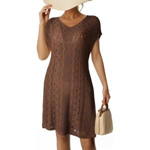 imageDokotoo Womens Crochet Cover Up Swimwear Beachwear Scoop Neck Short Sleeve Mini Dress Beach Dress Crochet Coverups for WomenCoffee