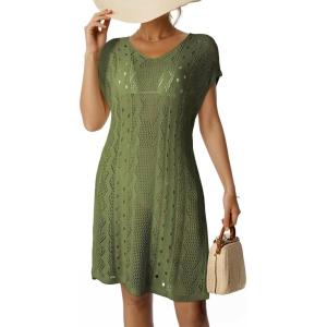imageDokotoo Womens Crochet Cover Up Swimwear Beachwear Scoop Neck Short Sleeve Mini Dress Beach Dress Crochet Coverups for WomenJungle Green
