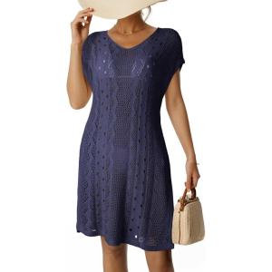 imageDokotoo Womens Crochet Cover Up Swimwear Beachwear Scoop Neck Short Sleeve Mini Dress Beach Dress Crochet Coverups for WomenNavy Blue