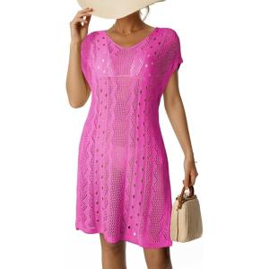 imageDokotoo Womens Crochet Cover Up Swimwear Beachwear Scoop Neck Short Sleeve Mini Dress Beach Dress Crochet Coverups for WomenRose Red