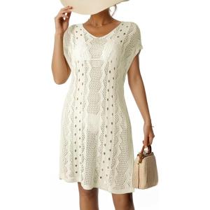 imageDokotoo Womens Crochet Cover Up Swimwear Beachwear Scoop Neck Short Sleeve Mini Dress Beach Dress Crochet Coverups for WomenWhite