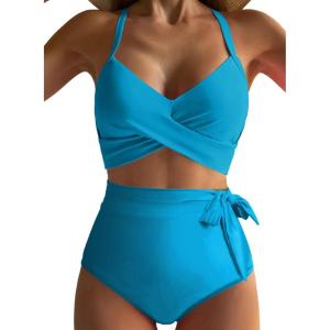 imageDokotoo Womens High Waisted Floral Bikini Sets Swimsuit Suit for Women 2025 Tummy Control Bathing Suit Swimwear for SummerChicory Sky Blue