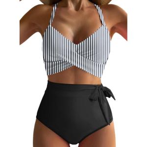 imageDokotoo Womens High Waisted Floral Bikini Sets Swimsuit Suit for Women 2025 Tummy Control Bathing Suit Swimwear for SummerWhite Stripes
