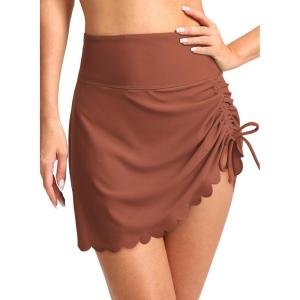 imageDokotoo Womens High Waisted Swim Skirt Bottoms Ruched Scallop Trim Bathing Suit Skirts Split Tankini Swimsuit BottomBrown