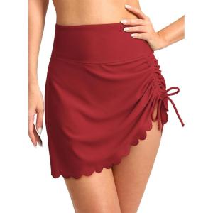 imageDokotoo Womens High Waisted Swim Skirt Bottoms Ruched Scallop Trim Bathing Suit Skirts Split Tankini Swimsuit BottomRacing Red