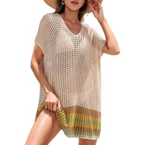 imageDokotoo Womens Swimwear Beach Bikini Swimsuit Color Block Coverups Crochet Striped Side Split Mini DressApricot