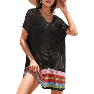 imageDokotoo Womens Swimwear Beach Bikini Swimsuit Color Block Coverups Crochet Striped Side Split Mini DressBlack