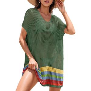imageDokotoo Womens Swimwear Beach Bikini Swimsuit Color Block Coverups Crochet Striped Side Split Mini DressBlackish Green