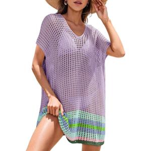 imageDokotoo Womens Swimwear Beach Bikini Swimsuit Color Block Coverups Crochet Striped Side Split Mini DressOrchid Petal