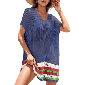imageDokotoo Womens Swimwear Beach Bikini Swimsuit Color Block Coverups Crochet Striped Side Split Mini DressSail Blue