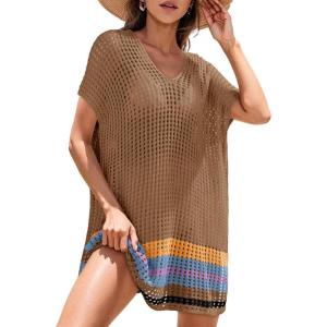 imageDokotoo Womens Swimwear Beach Bikini Swimsuit Color Block Coverups Crochet Striped Side Split Mini DressStraw Yellow