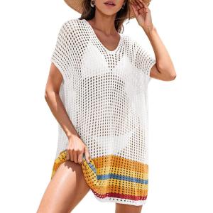 imageDokotoo Womens Swimwear Beach Bikini Swimsuit Color Block Coverups Crochet Striped Side Split Mini DressWhite