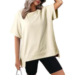 imageDokotoo Oversized T Shirts for Women Crewneck Short Sleeve Casual Summer Tops Lightweight Loose High Low BlouseApricot