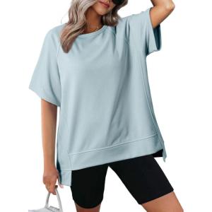 imageDokotoo Oversized T Shirts for Women Crewneck Short Sleeve Casual Summer Tops Lightweight Loose High Low BlouseBlue