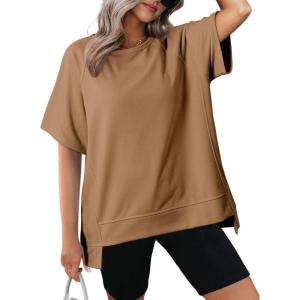 imageDokotoo Oversized T Shirts for Women Crewneck Short Sleeve Casual Summer Tops Lightweight Loose High Low BlouseBrown