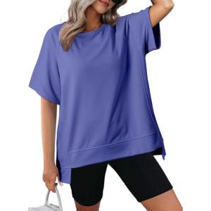 imageDokotoo Oversized T Shirts for Women Crewneck Short Sleeve Casual Summer Tops Lightweight Loose High Low BlouseDark Blue