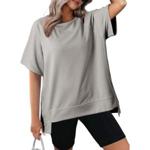 imageDokotoo Oversized T Shirts for Women Crewneck Short Sleeve Casual Summer Tops Lightweight Loose High Low BlouseGrey