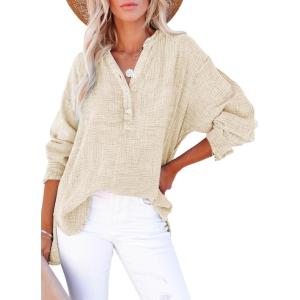 imageDokotoo Womens Casual Button V Neck Long Sleeve Shirts Oversized Solid Blouses TopsApricot