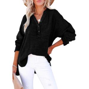 imageDokotoo Womens Casual Button V Neck Long Sleeve Shirts Oversized Solid Blouses TopsBlack