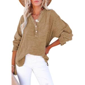 imageDokotoo Womens Casual Button V Neck Long Sleeve Shirts Oversized Solid Blouses TopsBrown