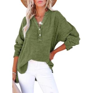 imageDokotoo Womens Casual Button V Neck Long Sleeve Shirts Oversized Solid Blouses TopsDark Green