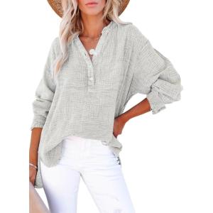 imageDokotoo Womens Casual Button V Neck Long Sleeve Shirts Oversized Solid Blouses TopsGray