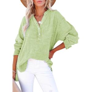 imageDokotoo Womens Casual Button V Neck Long Sleeve Shirts Oversized Solid Blouses TopsGreen