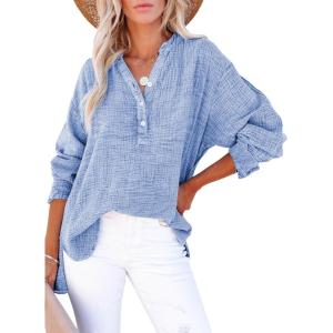 imageDokotoo Womens Casual Button V Neck Long Sleeve Shirts Oversized Solid Blouses TopsSky Blue