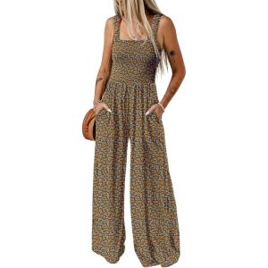 imageDokotoo Womens Casual Loose Overalls Jumpsuits One Piece Sleeveless Printed Wide Leg Long Pant Rompers With PocketsBrown